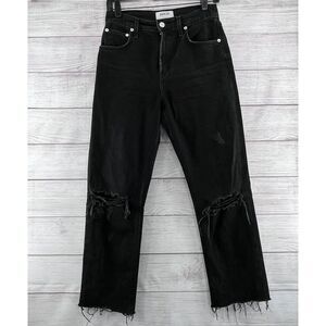 Agolde Womens Cotton Denim High‎ Rise  Straight Leg Distressed Jeans Sz 25 Black